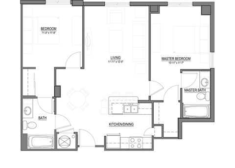 Floor plan for 2 beds, 2 baths, 968 sqft